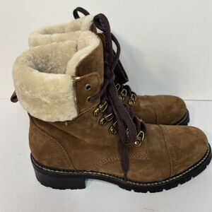 Frye Samantha Hiker Tan Suede Combat Boots Shearling Lined Womens